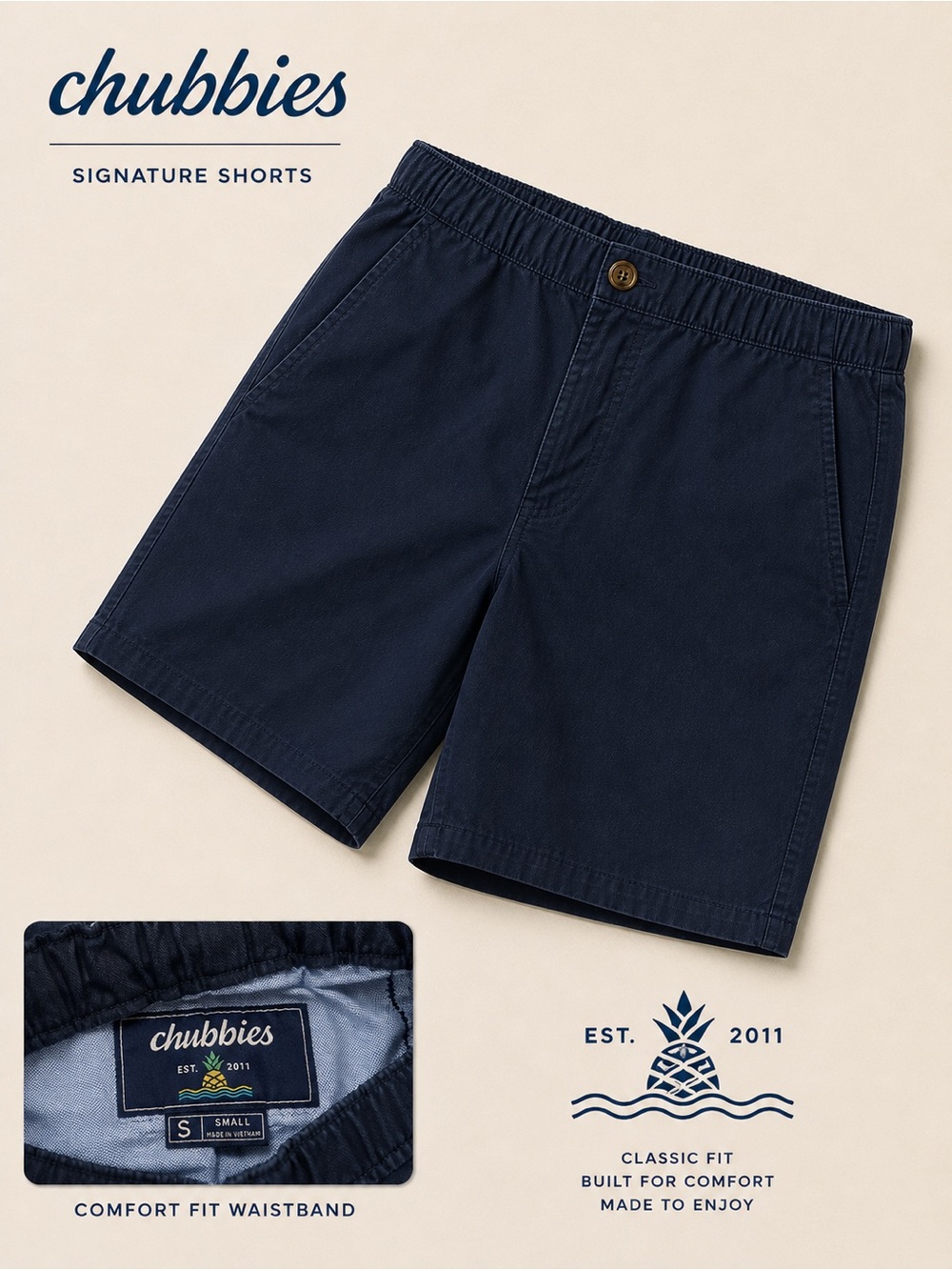 Chubbies Men’s Navy Elastic Waist Shorts Size Small Casual Summer Classic Fit